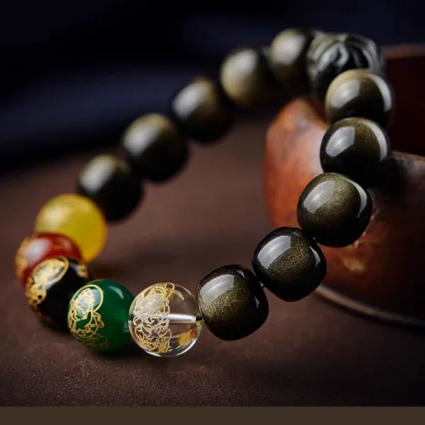 Golden Obsidian Feng Shui Bracelet with colorful deity beads