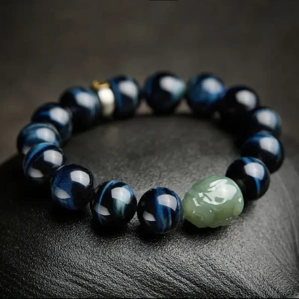 Handcrafted Blue Tiger Eye Bracelet with Green Jade Pixiu
