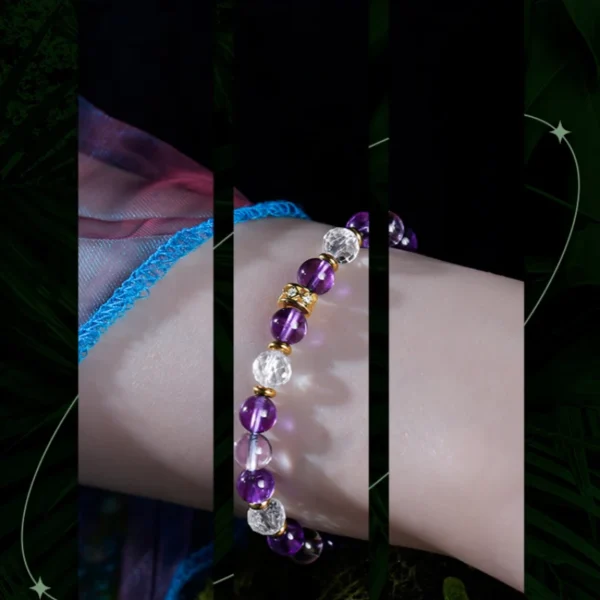 Elegant amethyst and quartz healing bracelet worn on wrist for meditation and balance