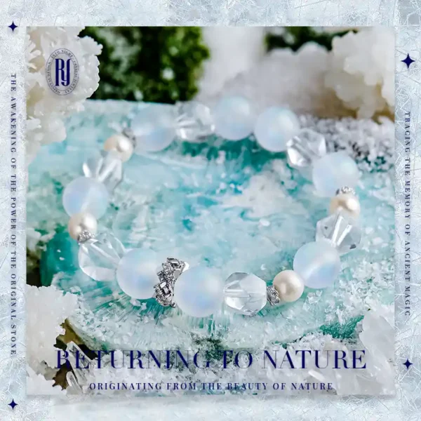 Top view of moonstone healing crystal bracelet with white crystals and pearls from RUYE Collection