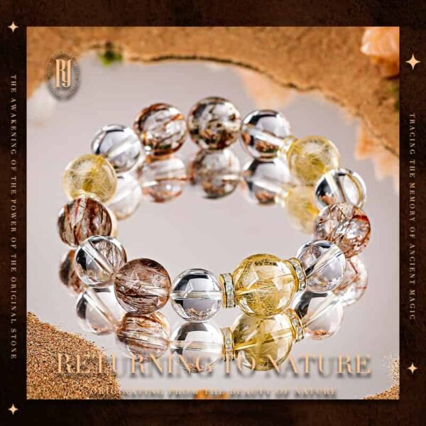 Overhead view of luxury golden rutilated quartz and clear crystal bracelet on sand-inspired background