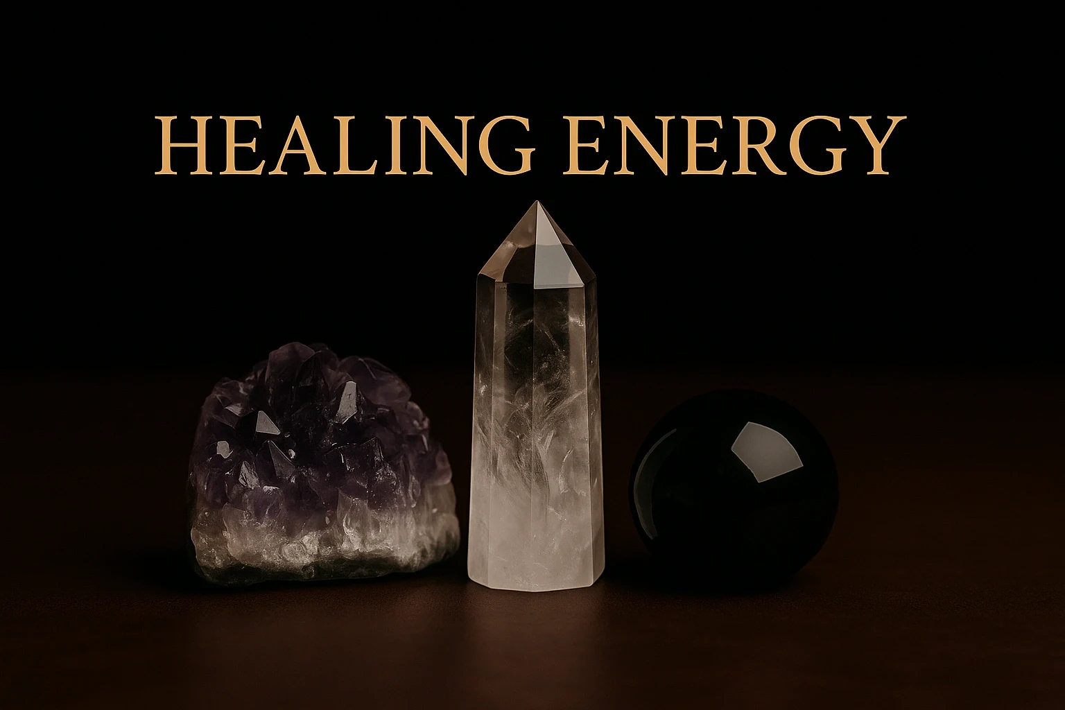 Amethyst, clear quartz, and obsidian crystals arranged for healing energy