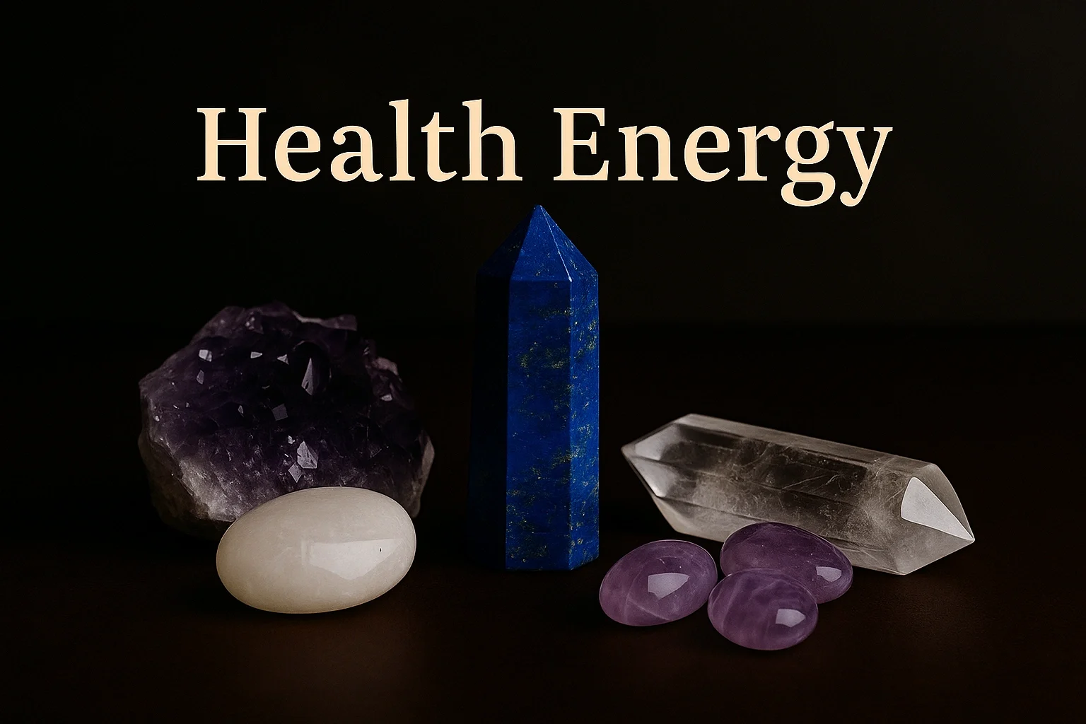 Lapis Lazuli, Amethyst, Clear Quartz, and White Jade crystals arranged for promoting physical wellness and holistic vitality