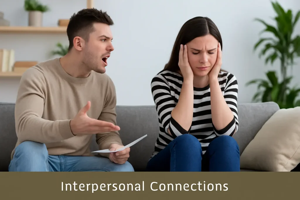 A young Caucasian couple in casual clothing arguing on a couch, the woman covering her ears while the man gestures angrily, showing signs of tension and relationship issues.