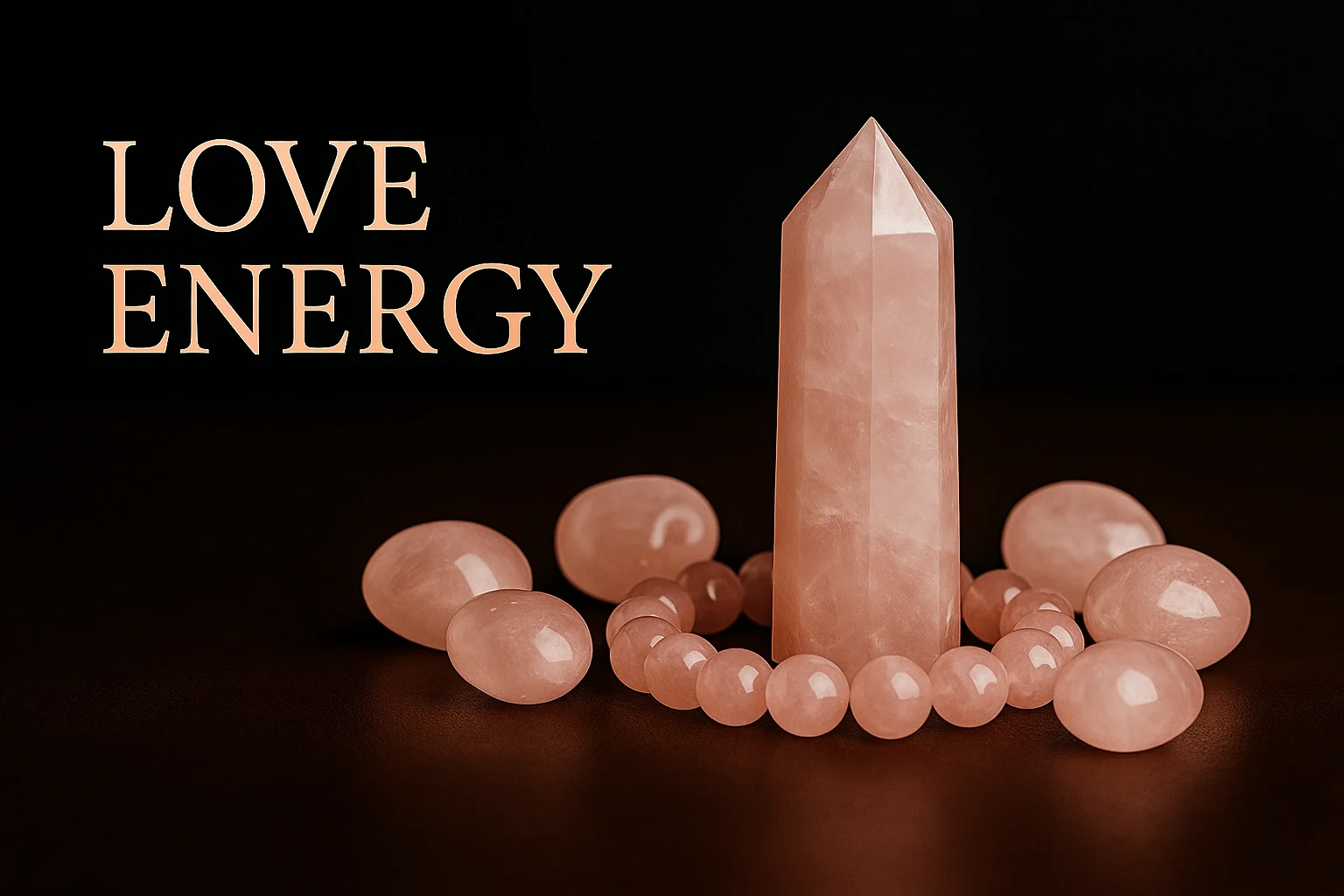 Love Energy Rose quartz crystal tower surrounded by smooth rose quartz and red agate stones on a soft pink background