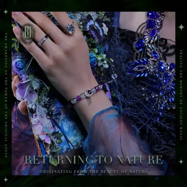 Model wearing amethyst moonstone bracelet – handmade gemstone jewelry for women