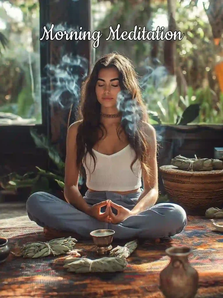 A woman practicing morning meditation surrounded by sage and crystals for energy cleansing