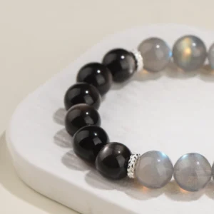 Moonlit Guard – Silver Obsidian & Moonstone Bracelet
