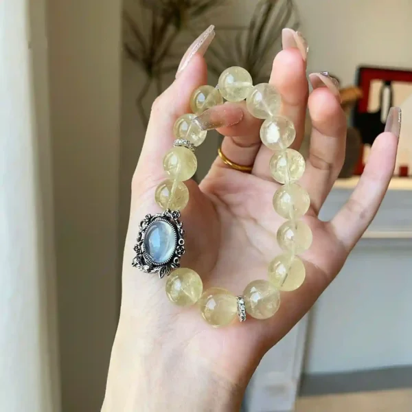 Close-up of Lemon Quartz Beads and Aquamarine Box Pendant