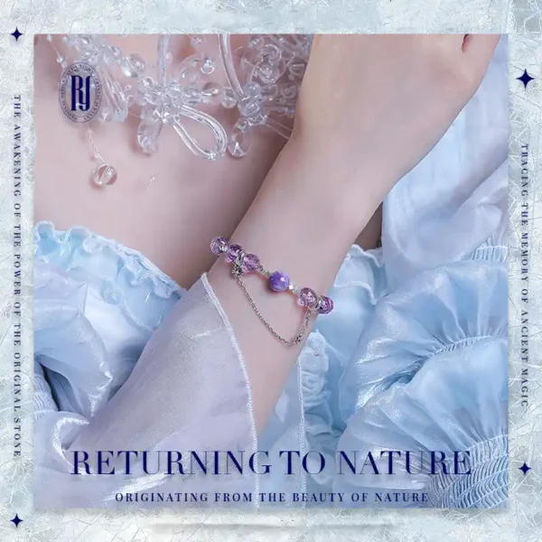 Model wearing purple gemstone bracelet with lavender dress – healing jewelry