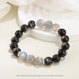 Moonlit Guard – Silver Obsidian & Moonstone Bracelet