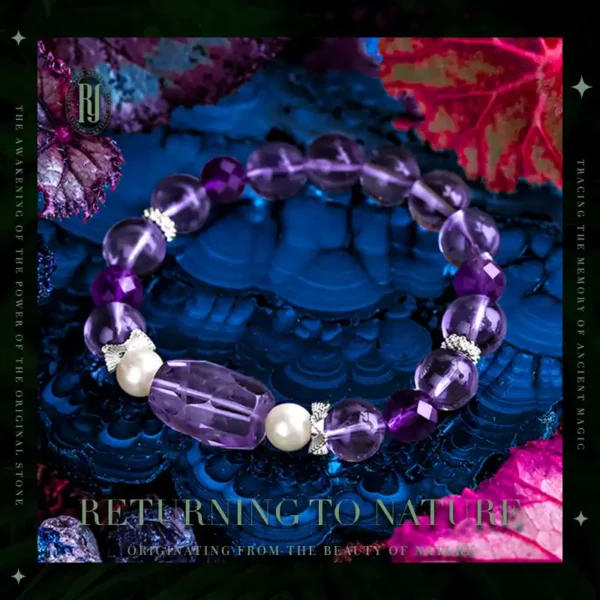 Handmade crystal bracelet featuring round pearls and amethyst beads