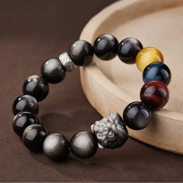 Multi-Tiger Eye Beaded Bracelet with Lion Head