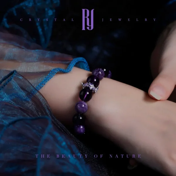 Nighttime view of woman wearing purple healing crystal bracelet