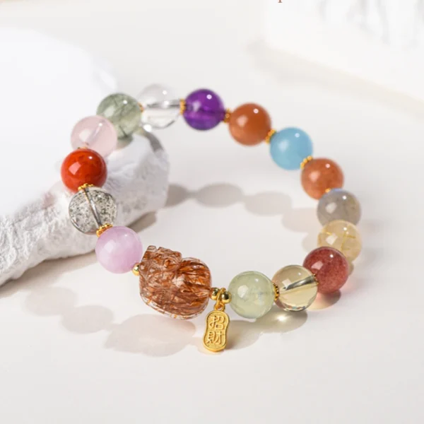 Multi-gemstone Pixiu bracelet with gold charm
