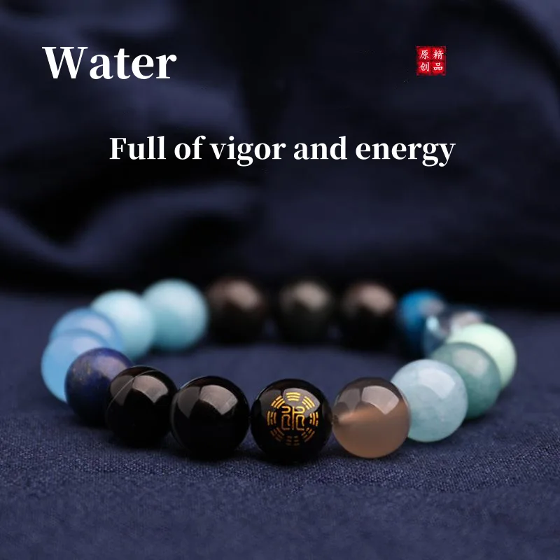 Silver Obsidian and Aquamarine gemstone close-up on energy bracelet