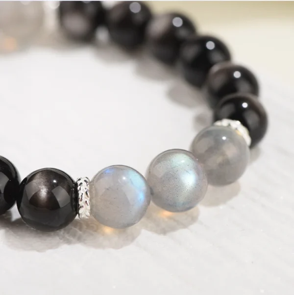 Close-up of silver obsidian crystal beads with moonstone