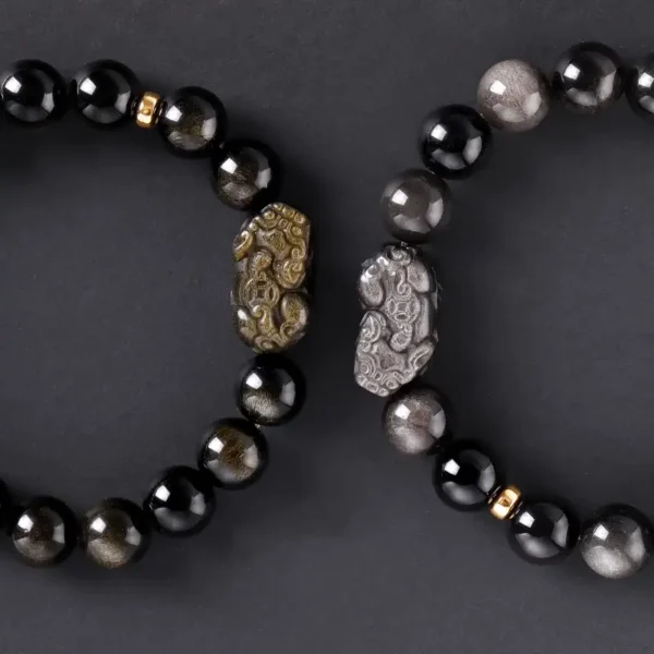 Pixiu Obsidian Couple Bracelets – Black & Gray Yin Yang Set