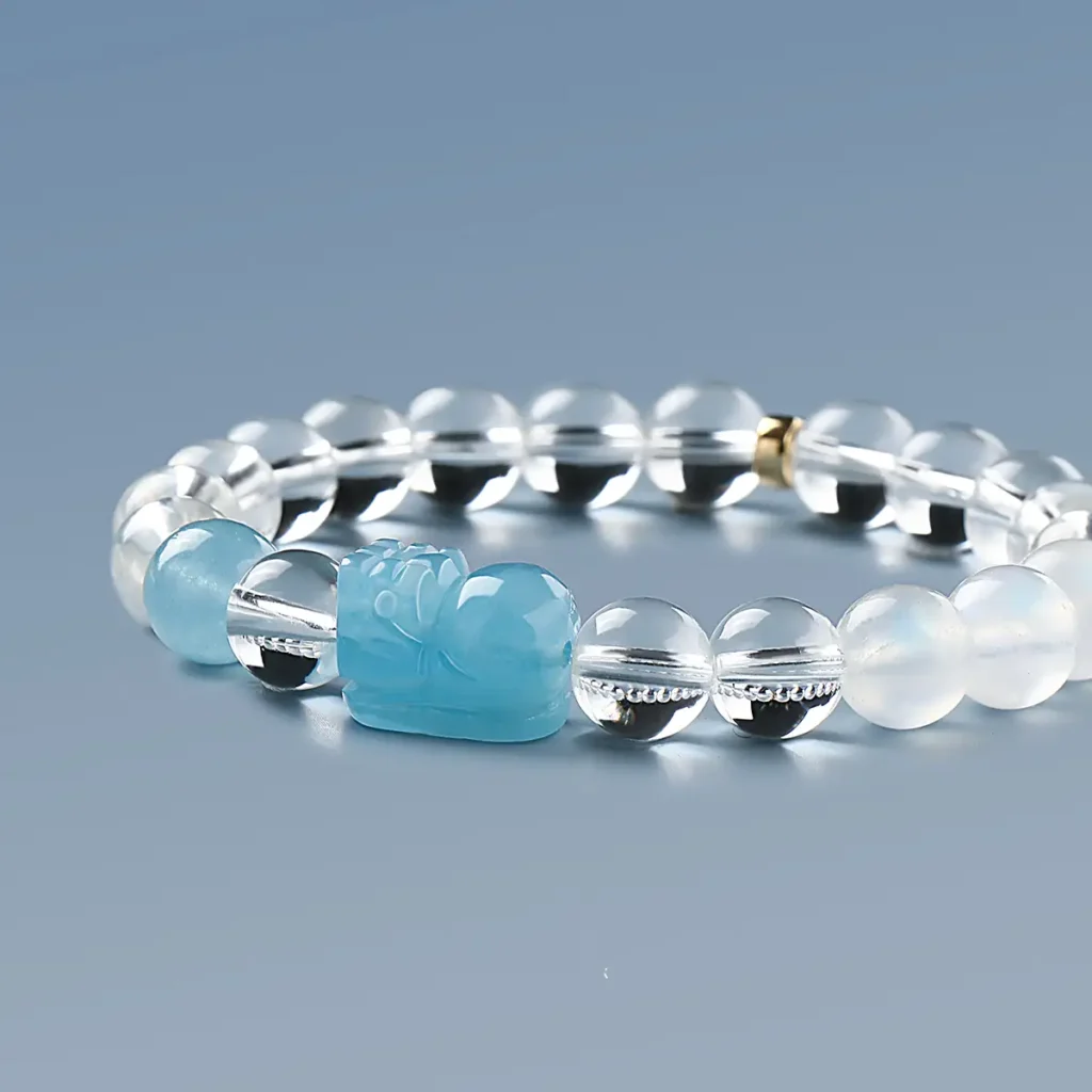 Aquamarine Pixiu and Clear Quartz Bracelet for Spiritual Protection