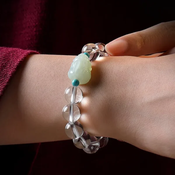 Wrist-worn White Crystal Bracelet with Jade Pixiu Centerpiece