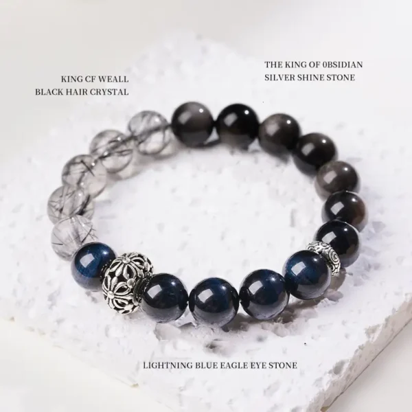 Healing bracelet made of silver obsidian, eagle eye, and