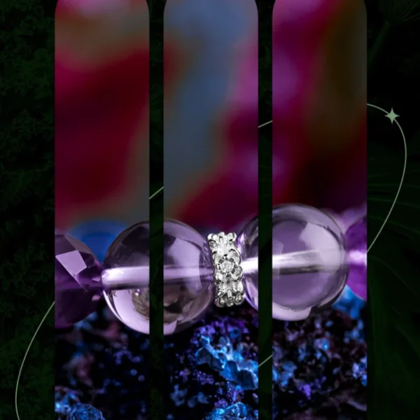 Close-up of zircon and silver crystal spacer between amethyst beads