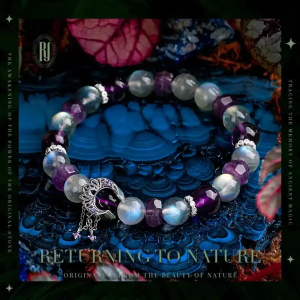 Moonstone and purple crystal bracelet with spiritual silver details