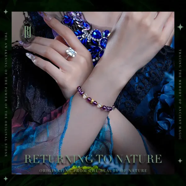 Stylish woman wearing a luxury amethyst and quartz bracelet for healing and energy