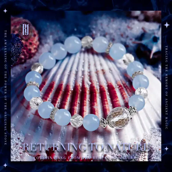 Handmade blue chalcedony and clear quartz bracelet on conch shell