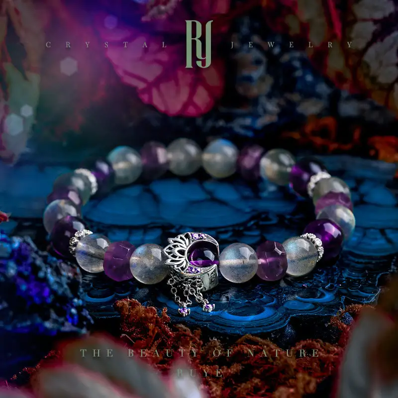 Amethyst and moonstone bracelet with silver lotus charm – RUYE crystal jewelry