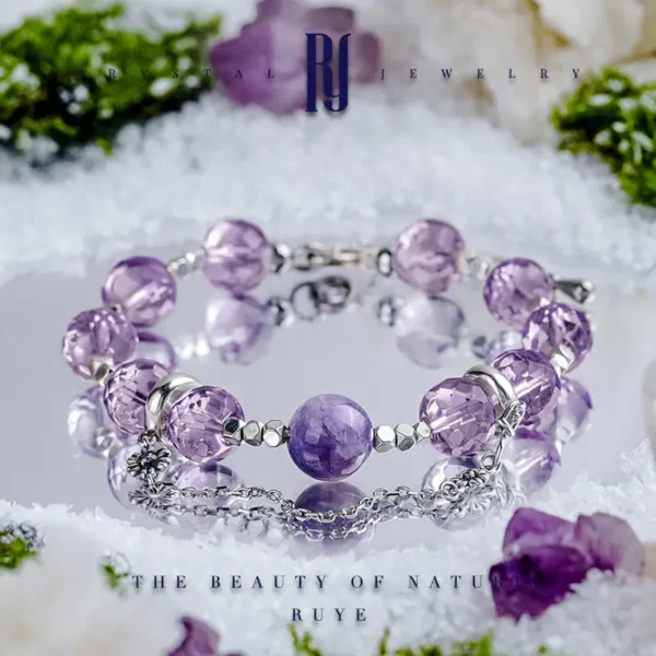 Handmade amethyst and purple jade crystal bracelet with silver and zircon – RUYE jewelry