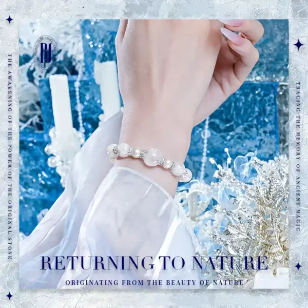Model wearing ghost crystal and pearl bracelet – spiritual gemstone jewelry for women