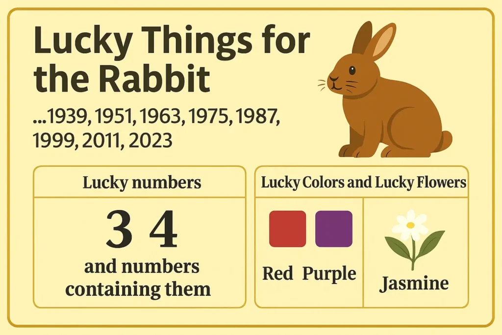 Lucky Things for the Rabbit chart showing birth years, lucky numbers, colors, and flower for people born in the Year of the Rabbit.