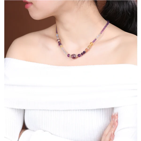 Crystal necklace with amethyst and citrine worn on model’s neck