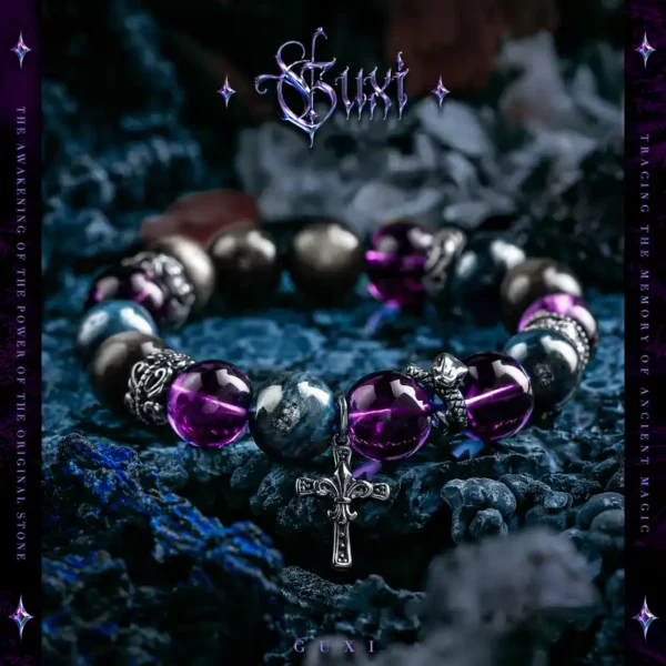 Amethyst and Obsidian men's bracelet with cross charm on blue stone background