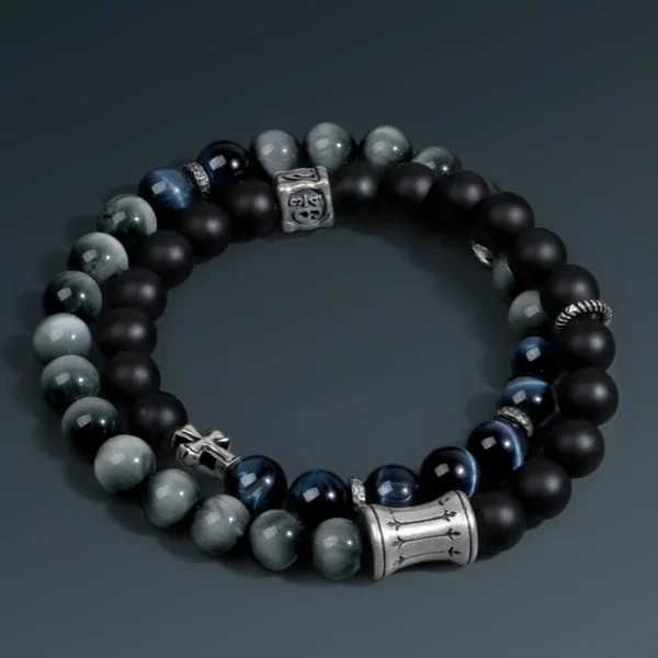 Blue Hawk Eye and Eagle Eye Stone Bracelet with Sterling Silver Accents