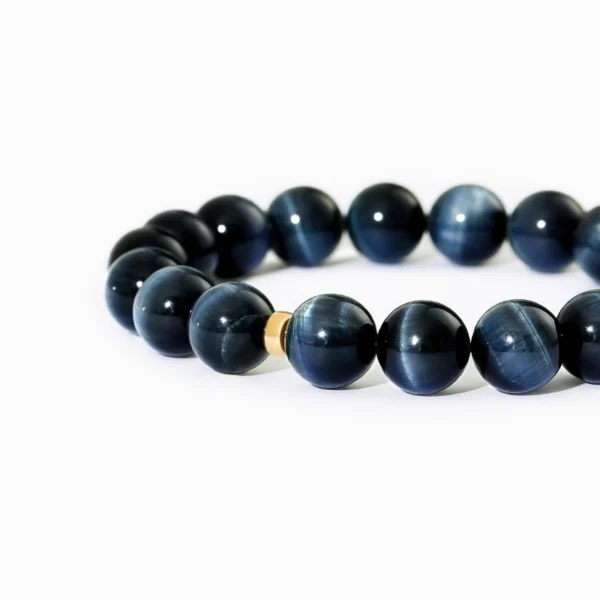 Blue Tiger Eye bracelet side view showing bead luster