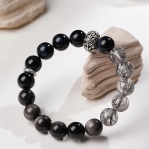 Power Trine – Silver Obsidian, Eagle Eye & Rutilated Quartz Bracelet