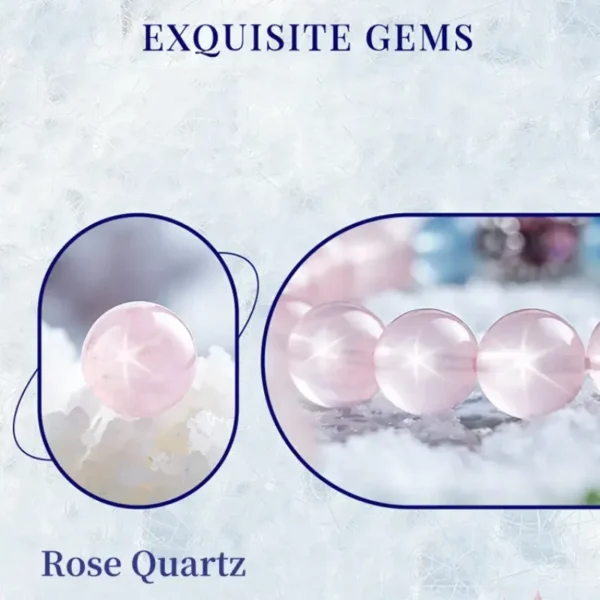 High-definition view of rose quartz beads with luminous six-ray star reflection