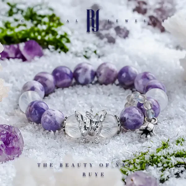 White Rutilated Quartz and Moonstone bracelet with sterling silver butterfly centerpiece – RUYE