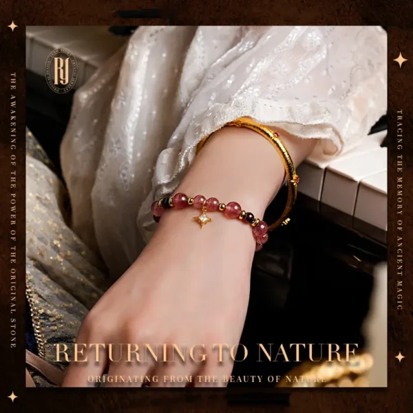 Woman holding handmade strawberry quartz and garnet bracelet with shimmering nails