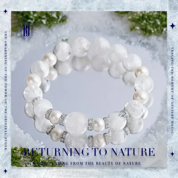 Overhead view of ghost crystal and pearl bracelet with silver accents