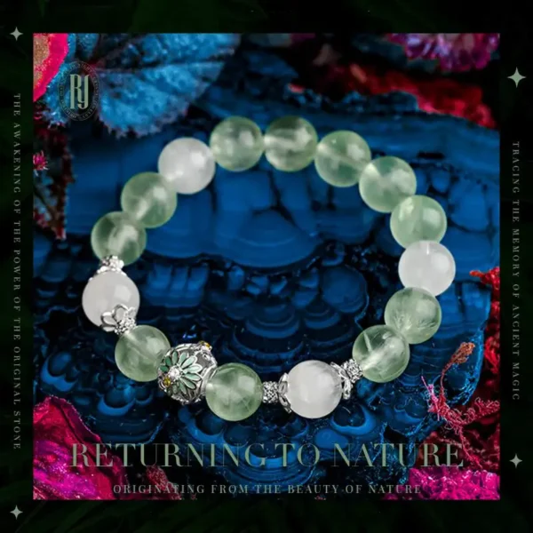 Top view of Prehnite and White Ghost crystal bracelet for women by RUYE
