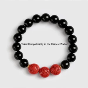 Zodiac Triad Harmony Bracelet – Obsidian & Carved CinnabarObsidian Zodiac Triad Harmony Bracelet