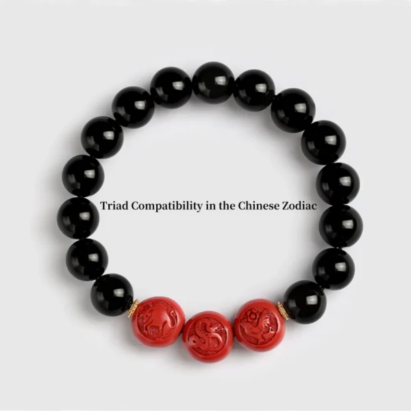 Obsidian and cinnabar Chinese zodiac bracelet featuring triad harmony symbols
