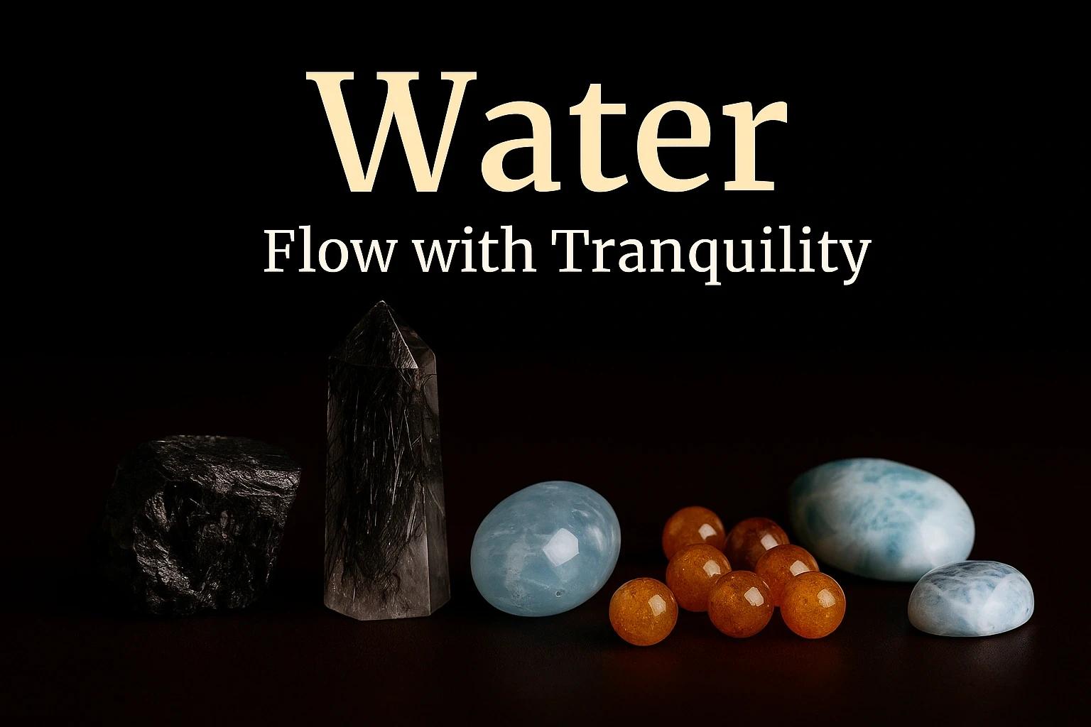 Water element crystal display with black tourmaline, aquamarine, sunstone beads, larimar, amazonite, and obsidian on a dark background