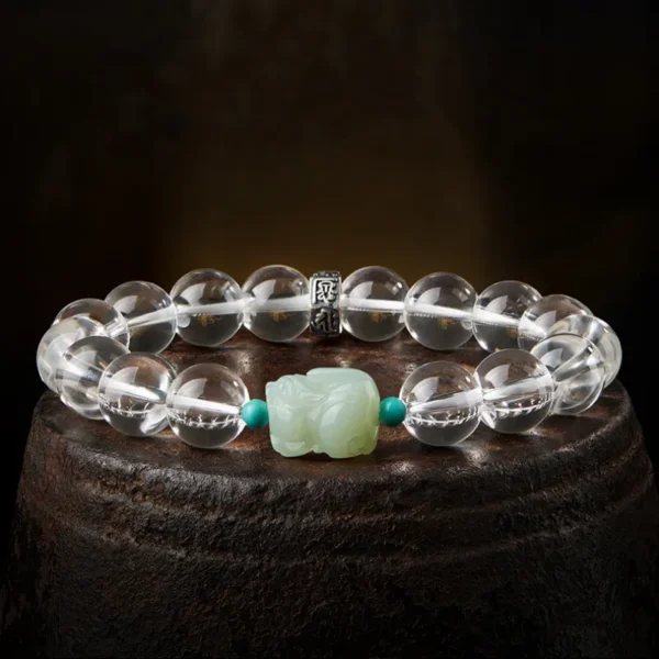 White Crystal Zodiac Pixiu Bracelet with Hetian Jade Guardian Charm