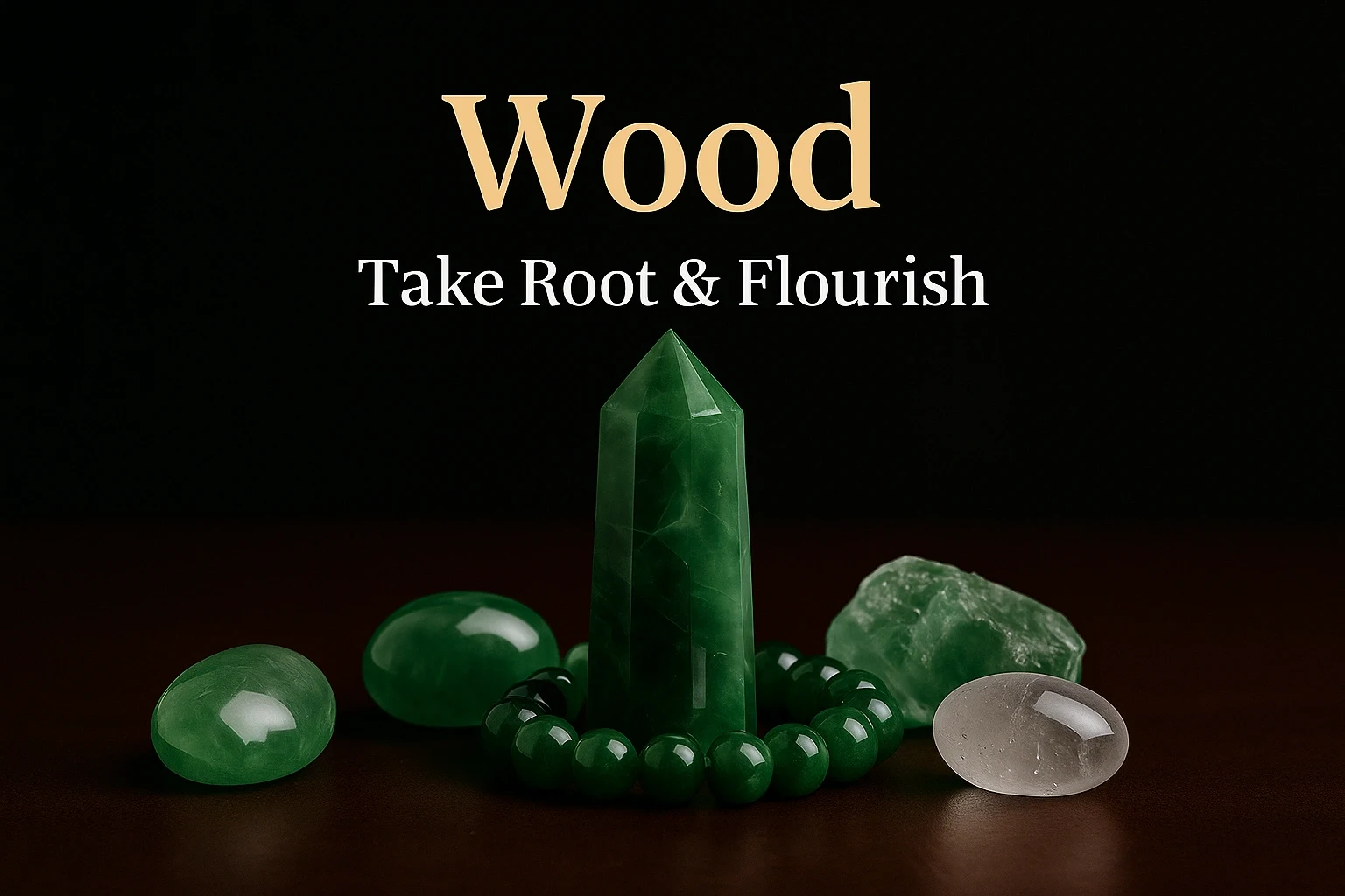 A polished green fluorite crystal and supporting green stones symbolizing the Wood element in Feng Shui