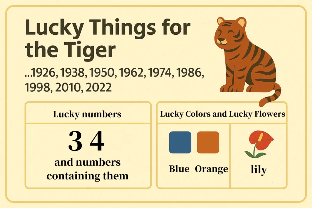 Lucky symbols and elements for the Year of the Tiger in Chinese zodiac, including lucky numbers 3 and 4, blue and orange colors, and lily flower.