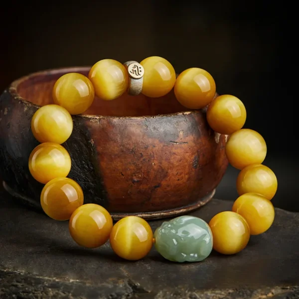 Yellow Tiger Eye bracelet featuring Hetian Jade Pixiu and 925 silver zodiac guardian charm
